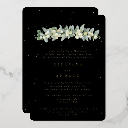 Black SnowberryEucalyptus Wedding Rehearsal Foil Invitation