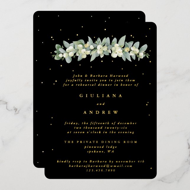Black Snowberry+Eucalyptus Wedding Rehearsal Foil Invitation (Front/Back)
