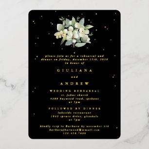Black Snowberry+Eucalyptus Wedding Rehearsal Foil Invitation