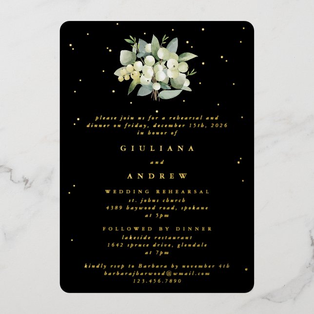 Black Snowberry+Eucalyptus Wedding Rehearsal Foil Invitation (Front)