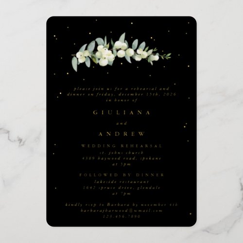 Black SnowberryEucalyptus Wedding Rehearsal Foil Invitation