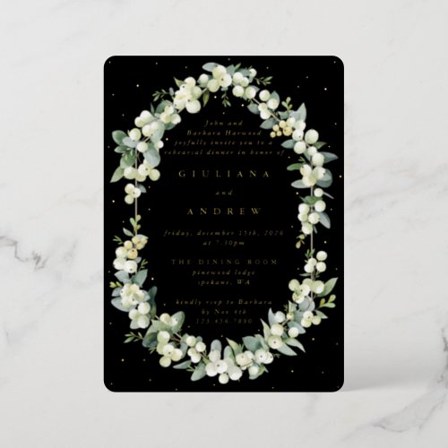 Black SnowberryEucalyptus Wedding Rehearsal Foil Invitation