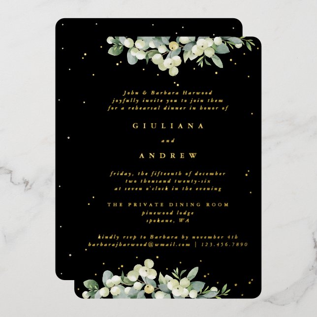 Black Snowberry+Eucalyptus Wedding Rehearsal Foil Invitation (Front/Back)