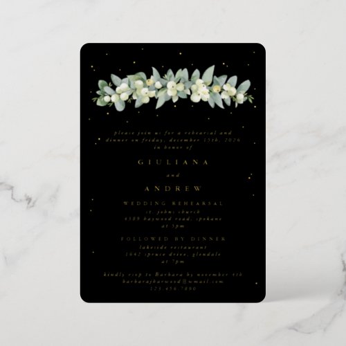 Black SnowberryEucalyptus Wedding Rehearsal Foil Invitation