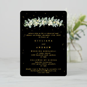 Black Snowberry+Eucalyptus Wedding Rehearsal Foil Invitation