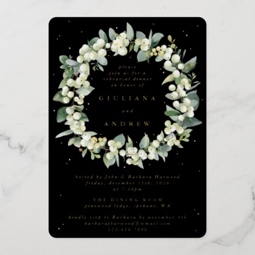 Black SnowberryEucalyptus Wedding Rehearsal Foil Invitation