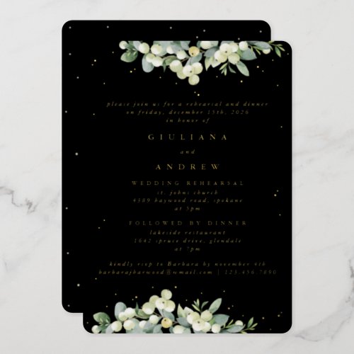 Black SnowberryEucalyptus Wedding Rehearsal Foil Invitation