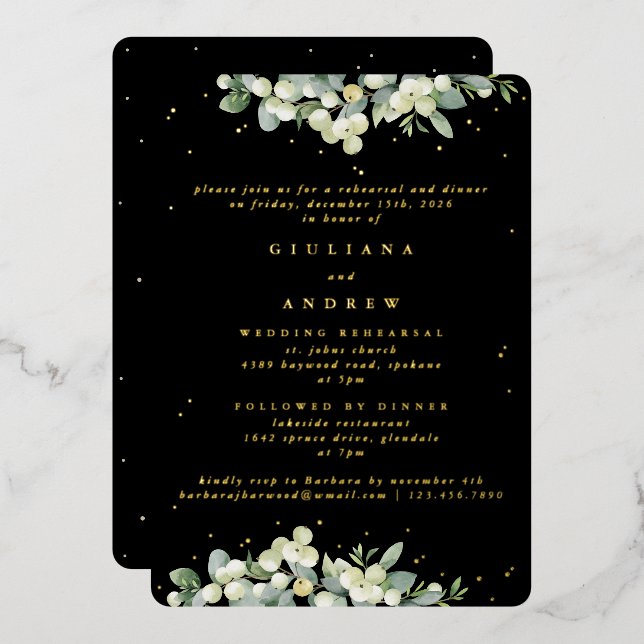Black Snowberry+Eucalyptus Wedding Rehearsal Foil Invitation (Front/Back)
