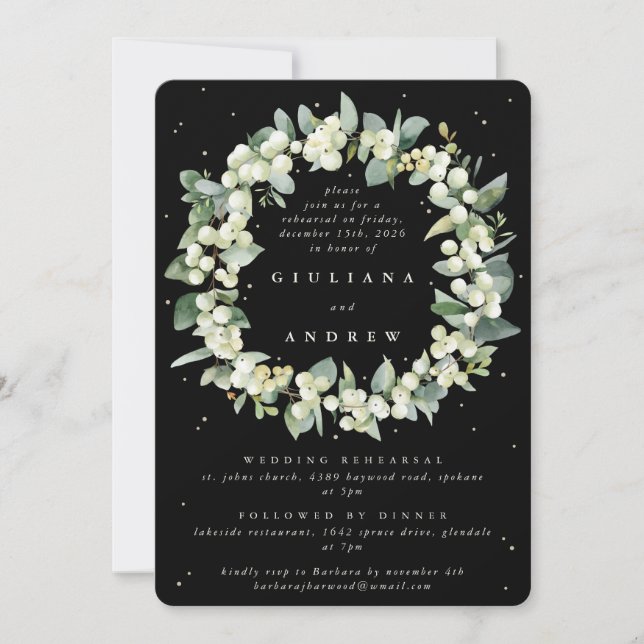 Black Snowberry+Eucalyptus Wedding Rehearsal Invitation (Front)