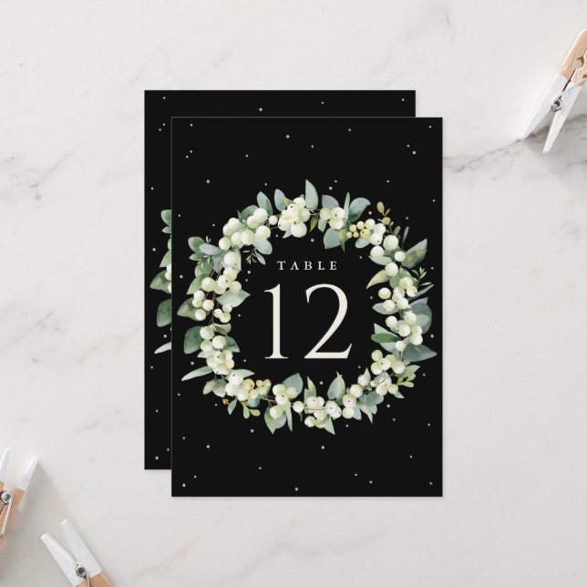 Black Snowberry + Eucalyptus Wedding Table Number (Front/Back In Situ)