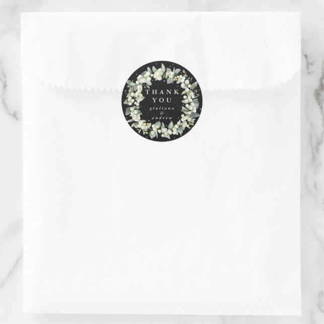 Black Snowberry+Eucalyptus Wedding Thank You Classic Round Sticker (Bag)