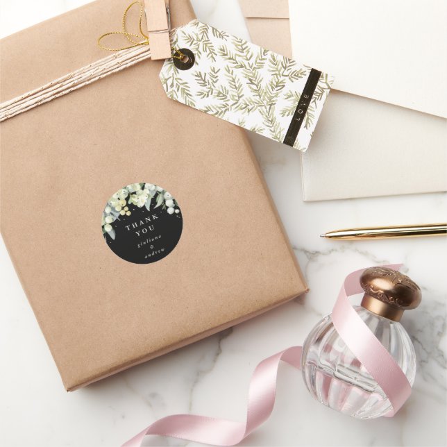 Black Snowberry+Eucalyptus Wedding Thank You Classic Round Sticker (Gifting)