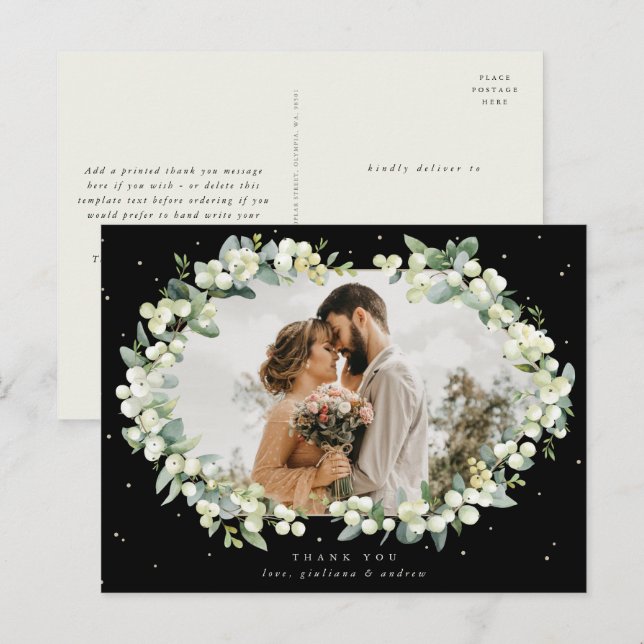 Black Snowberry+Eucalyptus Wedding Thank You Photo Postcard (Front/Back)