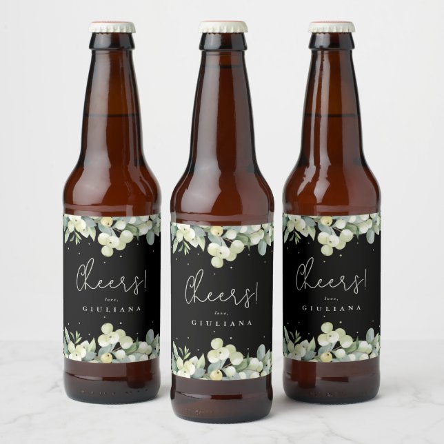 Black Snowberry+Eucalyptus Winter Bachelorette Beer Bottle Label (Bottles)