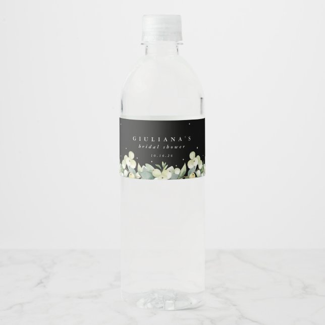Black Snowberry+Eucalyptus Winter Bridal Shower Water Bottle Label (Front)