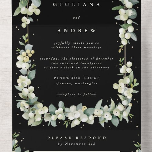Black SnowberryEucalyptus Winter Wedding All In One Invitation