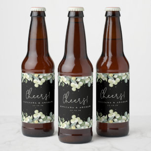 Black Snowberry+Eucalyptus Winter Wedding Beer Bottle Label