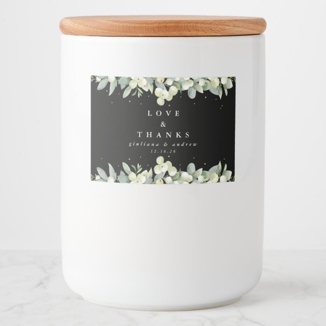 Black Snowberry+Eucalyptus Winter Wedding Favor Food Label (Front)