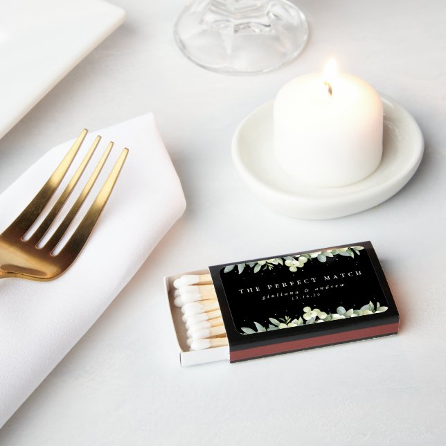 Black Snowberry+Eucalyptus Winter Wedding Favor Matchboxes (Insitu)