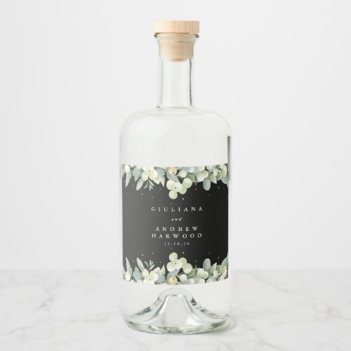 Black SnowberryEucalyptus Winter Wedding Liquor Bottle Label