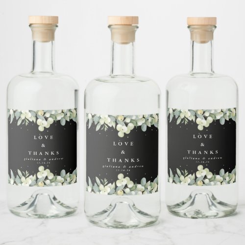 Black SnowberryEucalyptus Winter Wedding Liquor Bottle Label