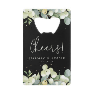 Black Snowberry+Eucalyptus Winter Wedding Mini Credit Card Bottle Opener
