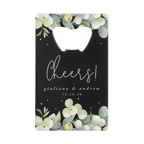 Black SnowberryEucalyptus Winter Wedding Mini Credit Card Bottle Opener