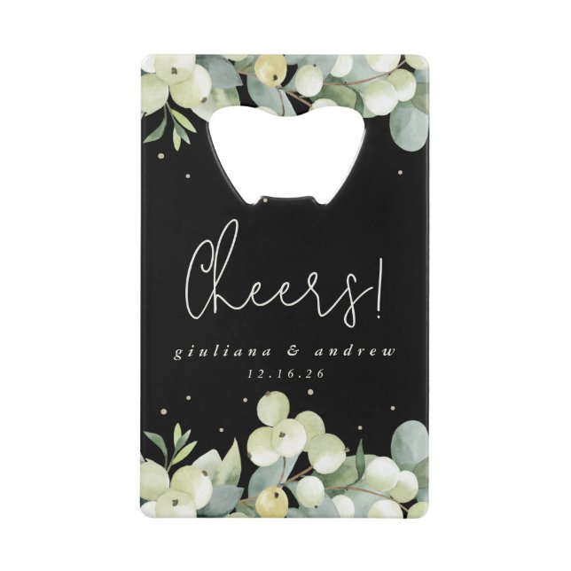 Black Snowberry+Eucalyptus Winter Wedding Mini Credit Card Bottle Opener (Front)