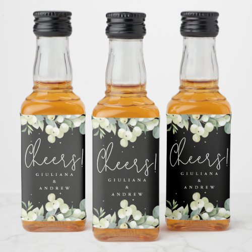 Black SnowberryEucalyptus Winter Wedding Mini Liquor Bottle Label