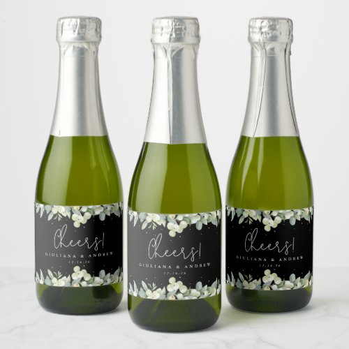 Black SnowberryEucalyptus Winter Wedding Mini Sparkling Wine Label