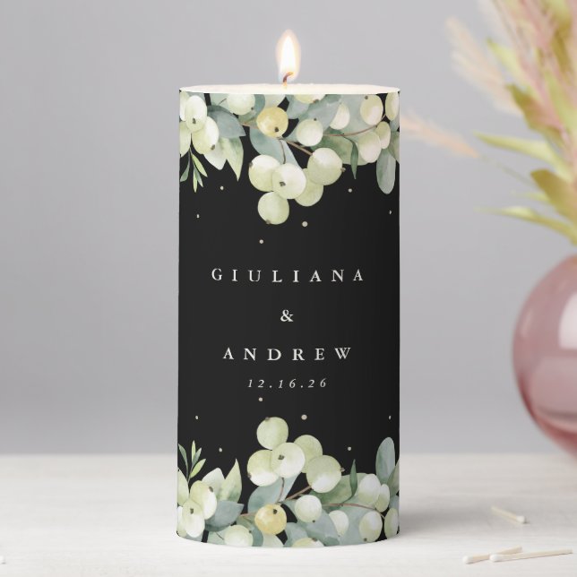 Black Snowberry+Eucalyptus Winter Wedding Pillar Candle (In Situ)