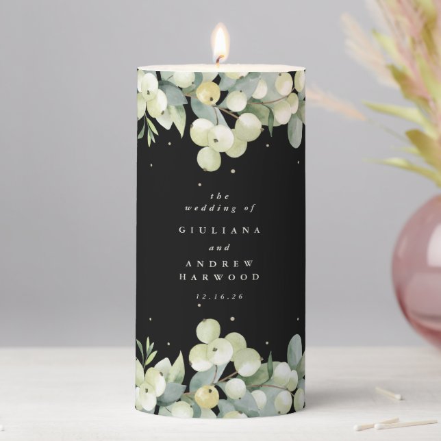 Black Snowberry+Eucalyptus Winter Wedding Pillar Candle (In Situ)