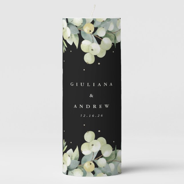 Black Snowberry+Eucalyptus Winter Wedding Pillar Candle (Front)