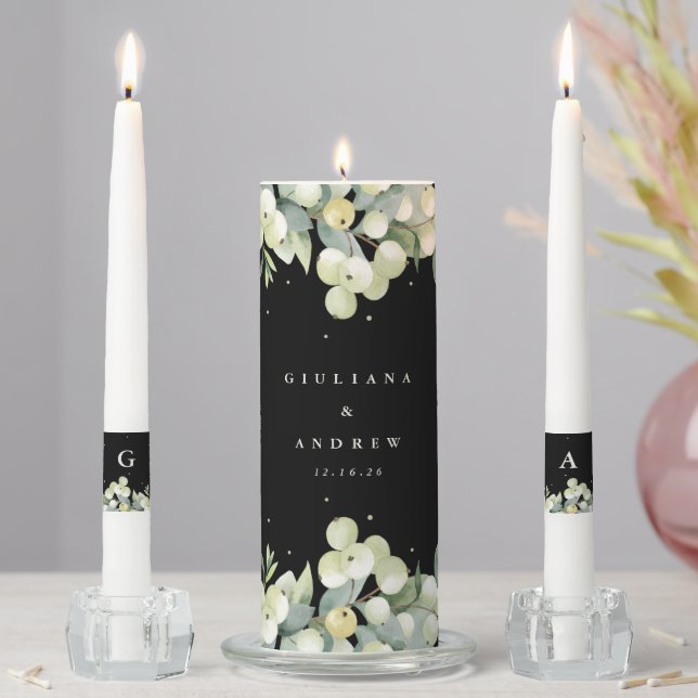 Black Snowberry+Eucalyptus Winter Wedding Unity Candle Set (In Situ)