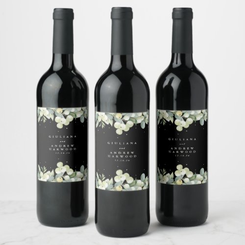 Black SnowberryEucalyptus Winter Wedding Wine Label