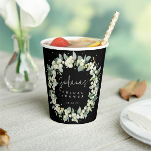 Black Snowberry+Eucalyptus Wreath Bridal Shower Paper Cups