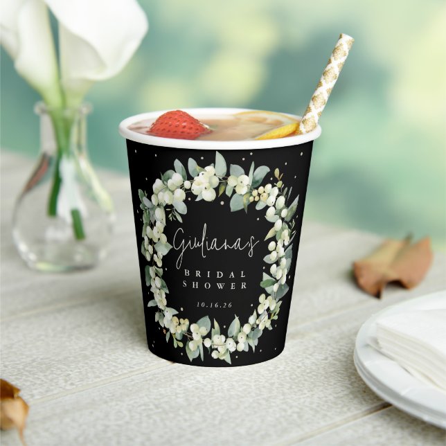 Black Snowberry+Eucalyptus Wreath Bridal Shower Paper Cups (Insitu)