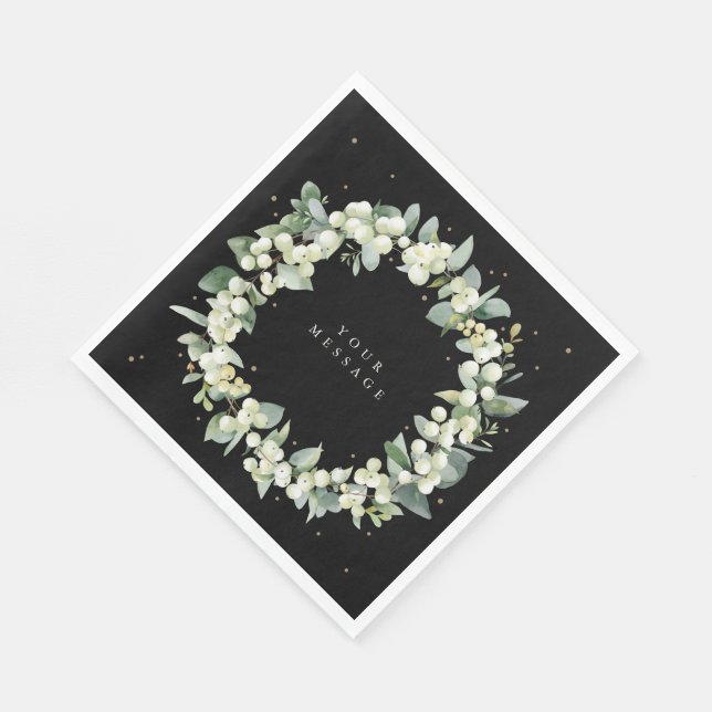 Black Snowberry+Eucalyptus Wreath Holiday Party Napkins (Corner)