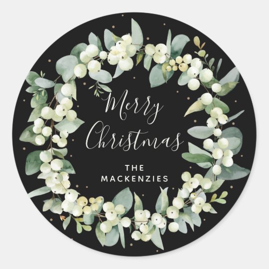 Black Snowberry+Eucalyptus Wreath Merry Christmas Classic Round Sticker