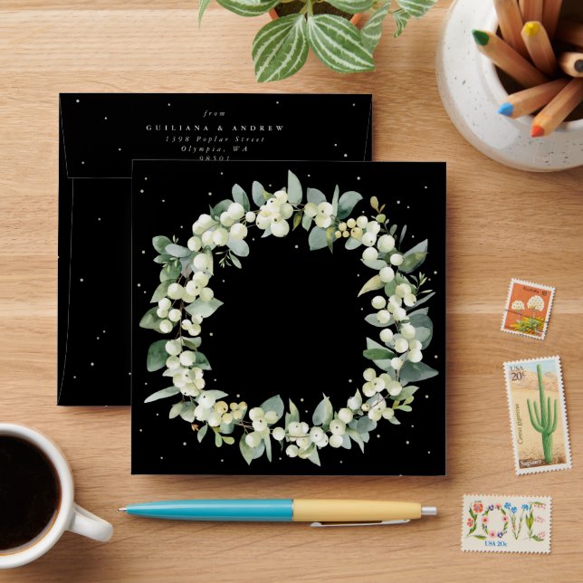 Black Snowberry+Eucalyptus Wreath Square Envelope (Desk)