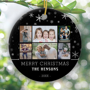 Black Snowflake Christmas Family 6 Photo Collage Ceramic Ornament