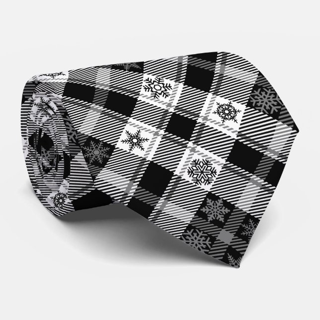 Black Snowflake Plaid - Christmas Pattern Neck Tie (Rolled)