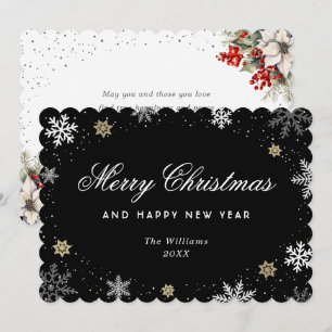 Black Snowflake Watercolor Botanical  Holiday Card