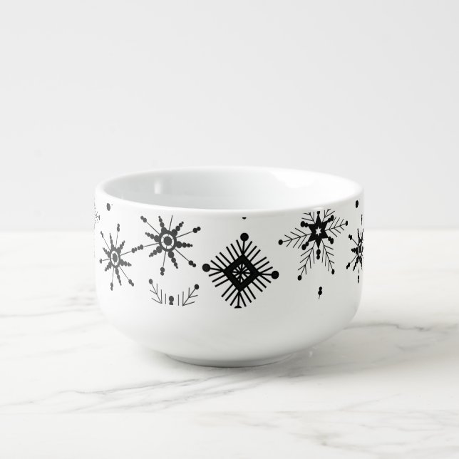 Black Snowflakes Geometrical Bubble Winter Pattern Soup Mug (Front)
