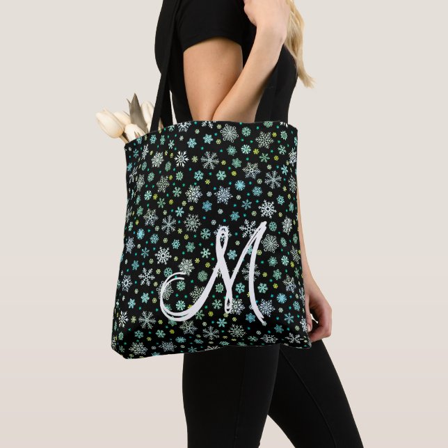 Black Snowflakes in Various Shapes Modern Monogram Tote Bag (Close Up)