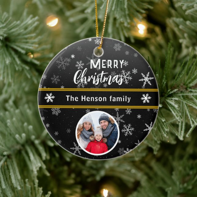 Black Snowflakes Merry Christmas Family Photo Ceramic Ornament (Tree)