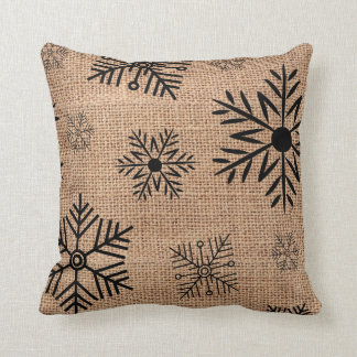 Black Snowflakes On Rustic Burlap Christmas Throw Pillow