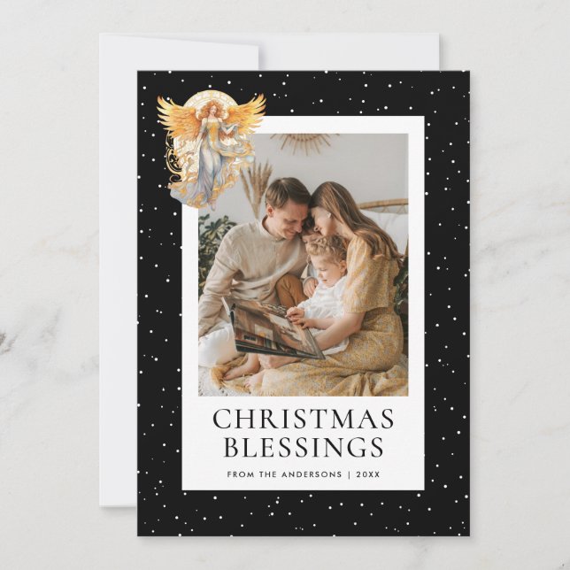 Black Snowy Angel Christmas Blessings Photo Holiday Card (Front)