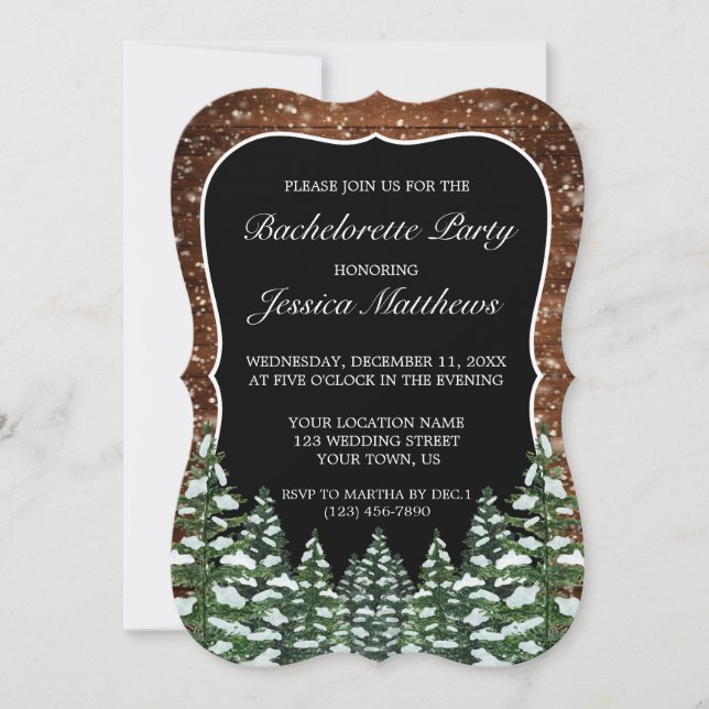 Black Snowy Wood Forest Country Bachelorette Party Invitation (Front)