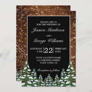 Black Snowy Wood & Forest Country Pine Wedding Invitation